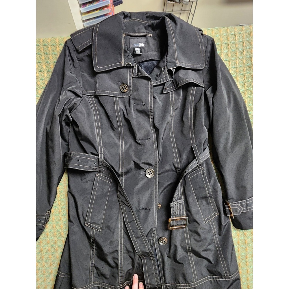 East 5th Women's Large Black Belted Trench Coat Button Front Pockets Black